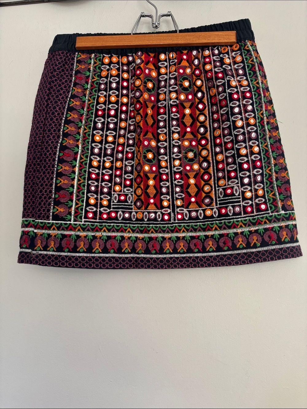 Tolani Black Embroidered Mini Skirt with Multicolor Mirror Work
